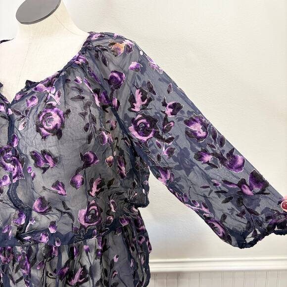 Faded Glory Size XXL Floral Velvet Burnout Top Floral Whimsigoth Fairy Grunge - Picture 6 of 14